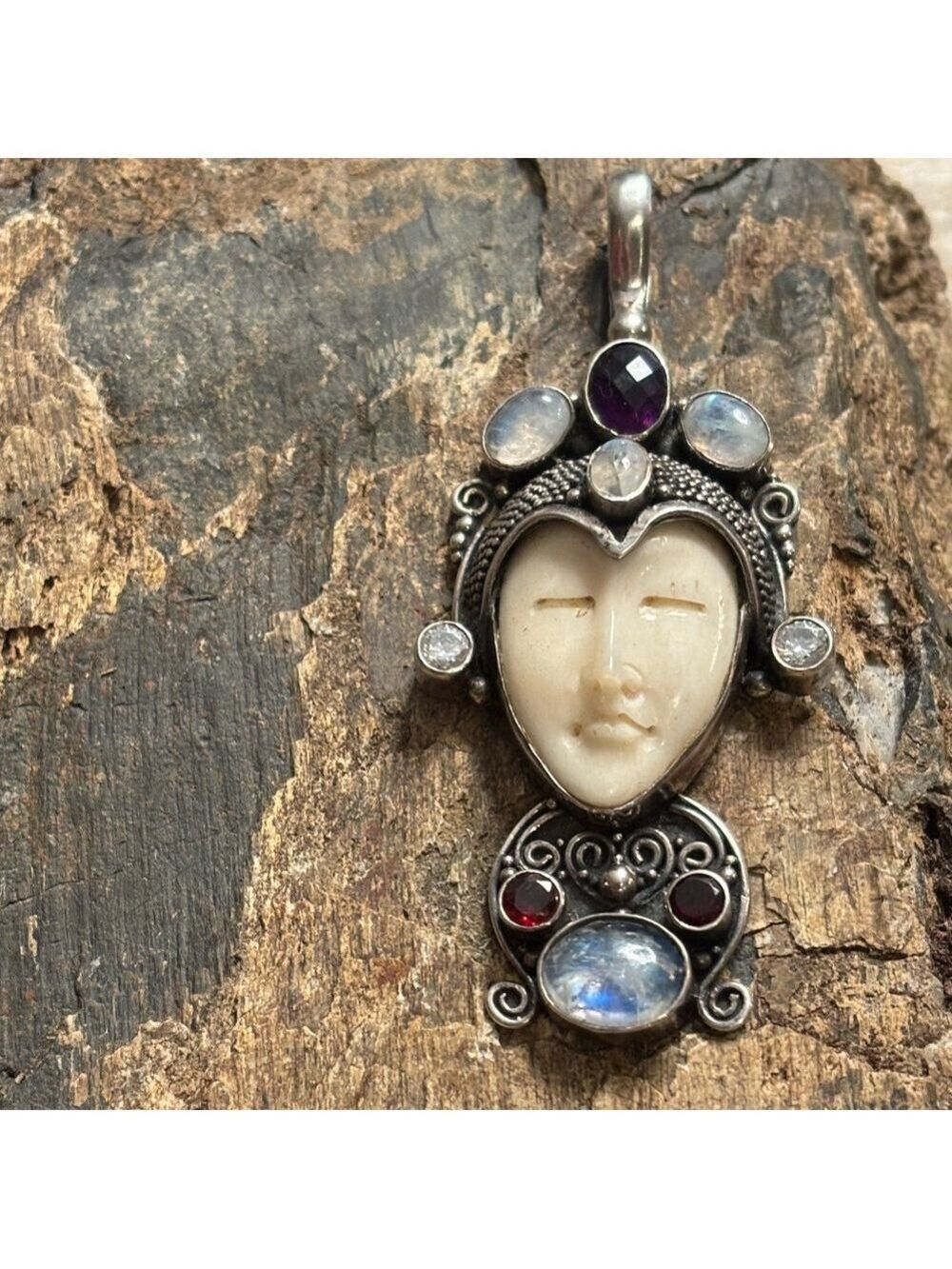 🌘 Sterling Balinese Sajen Moon Goddess Pendant • Amethyst Garnet Moonstone